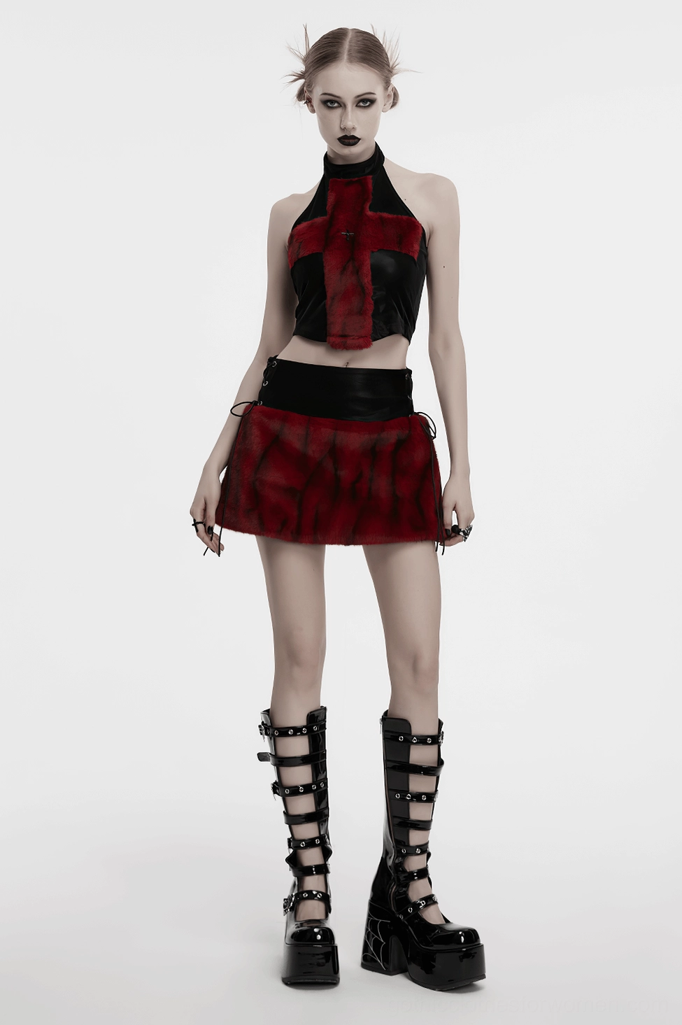 Side profile view of flame tie-dye gothic skirt illustrating A-line cut and corset waist design