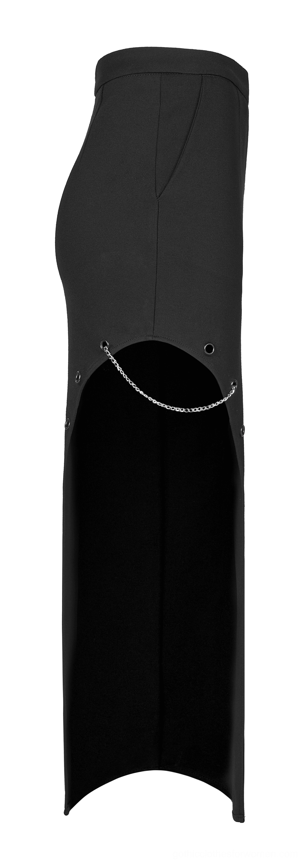 Black gothic skirt profile showing asymmetrical hem cut and metal chain side fastener