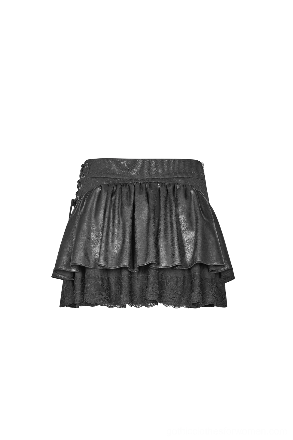 Black gothic skirt side flat lay displaying double ruffled layers and delicate lace under-hem