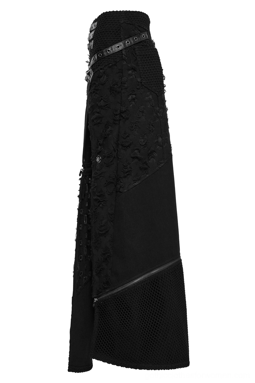 Black gothic skirt side profile showcasing faux leather trim, mesh lower panel, and structural zipper accent