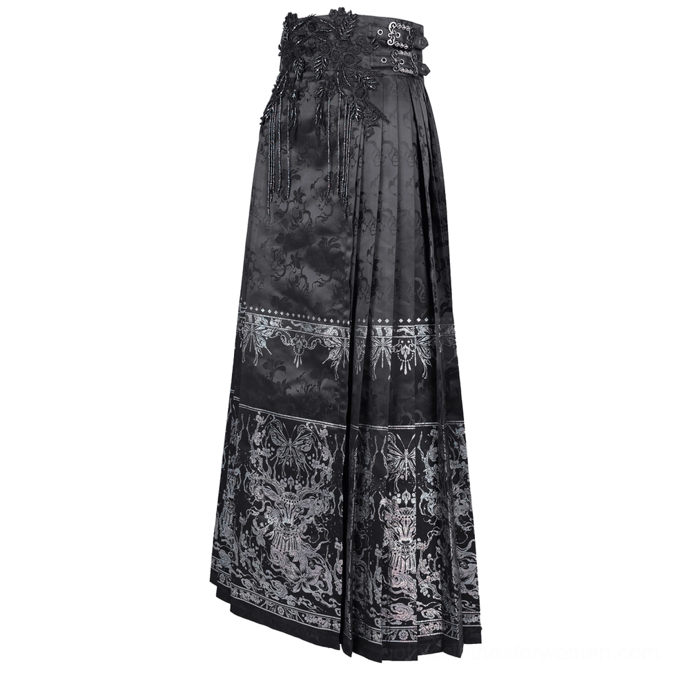 Black gothic maxi skirt side rear flat view showing high-waisted construction with metal buckle details and jacquard fabric texture