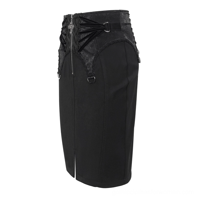 Side product view of black gothic skirt showing front slit, front zipper, and lace waist panel construction