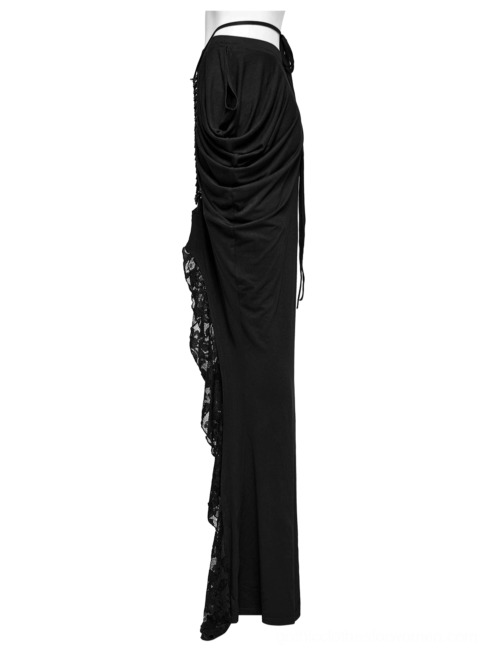 Black gothic skirt with lace side trim and draped silhouette side view on mannequin showing pleated construction