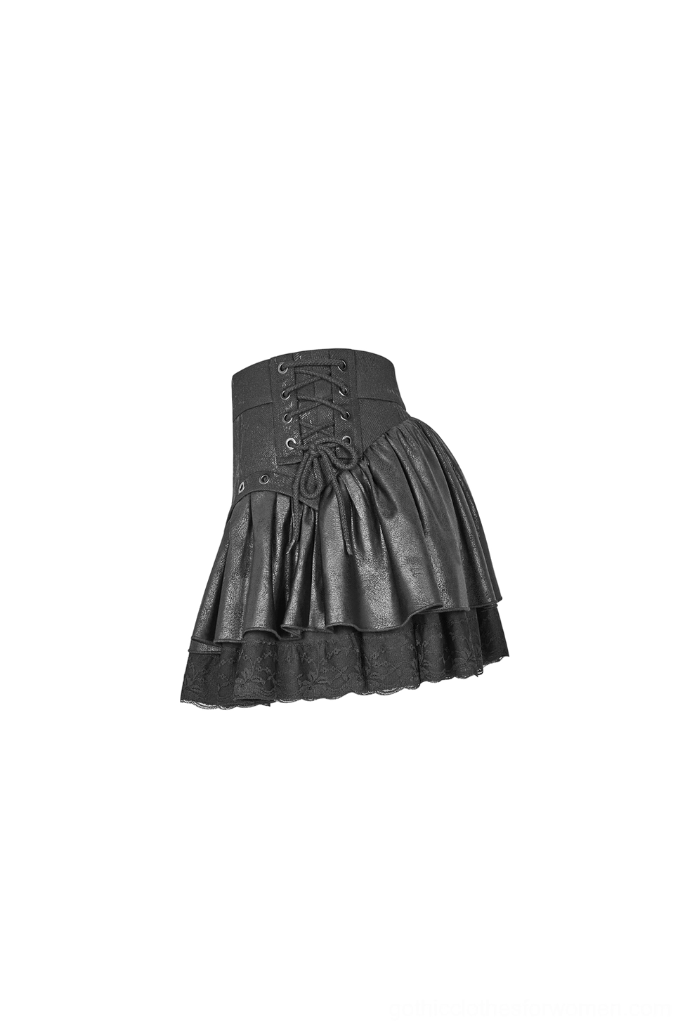 Black gothic mini skirt side flat view showing lace-up front closure and ruffled faux leather hem