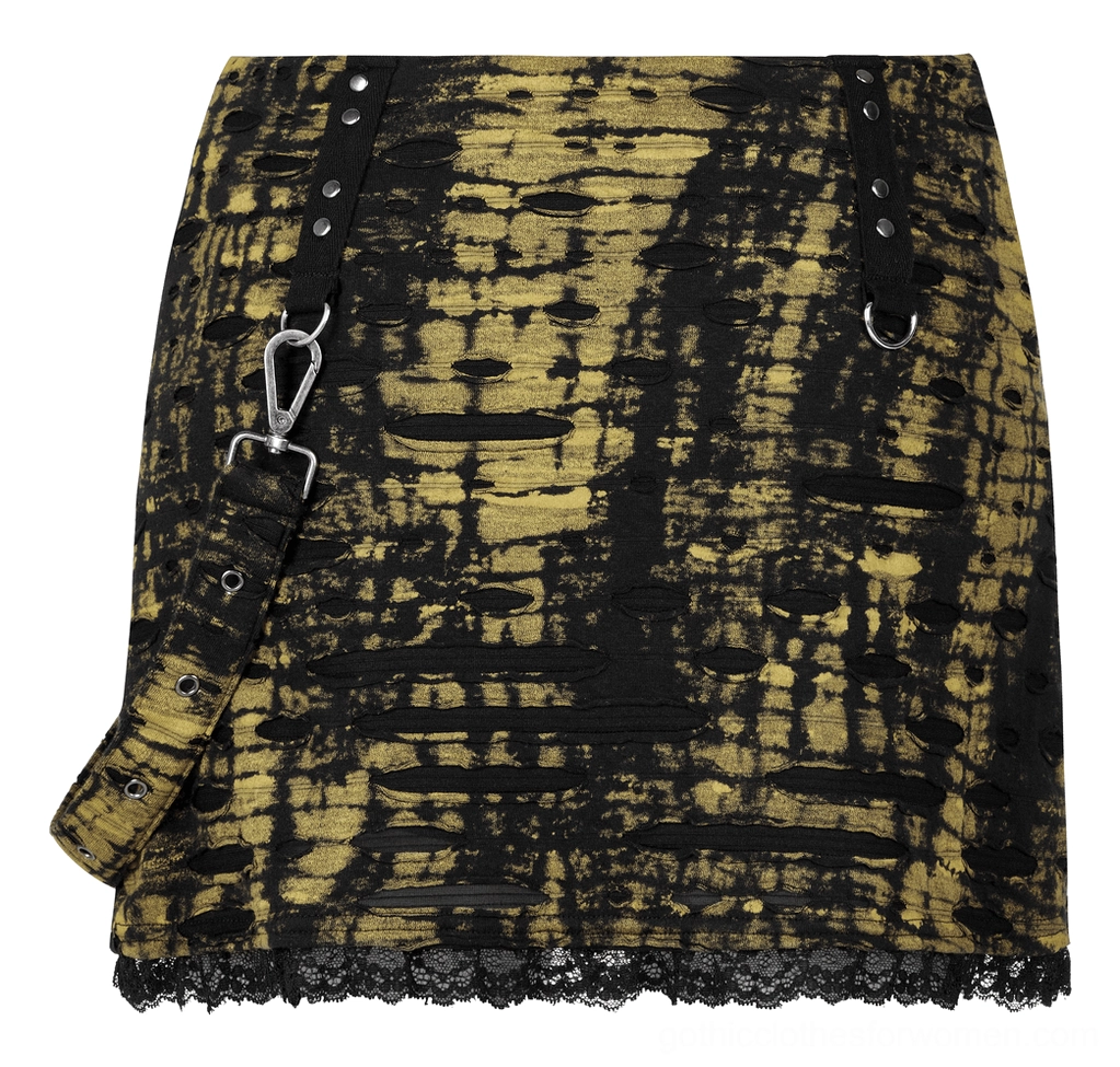 Side view product display of black cross gothic mini skirt with yellow-black tie-dye and detachable silver metal strap clip