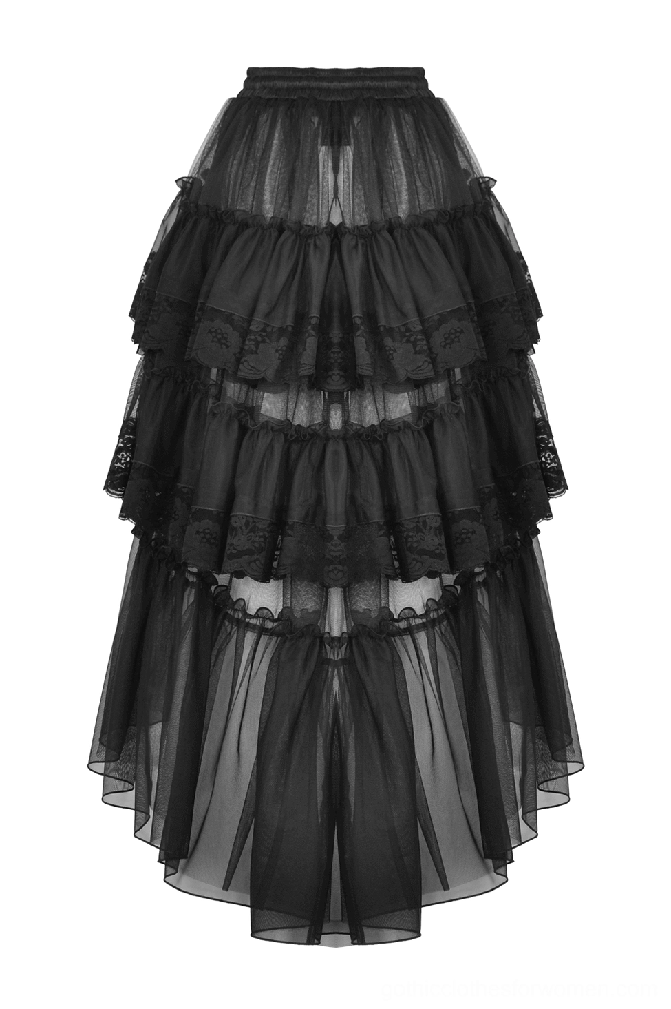 Side flat lay of black mesh gothic skirt displaying multi-tiered ruffled tulle structure and dramatic layers