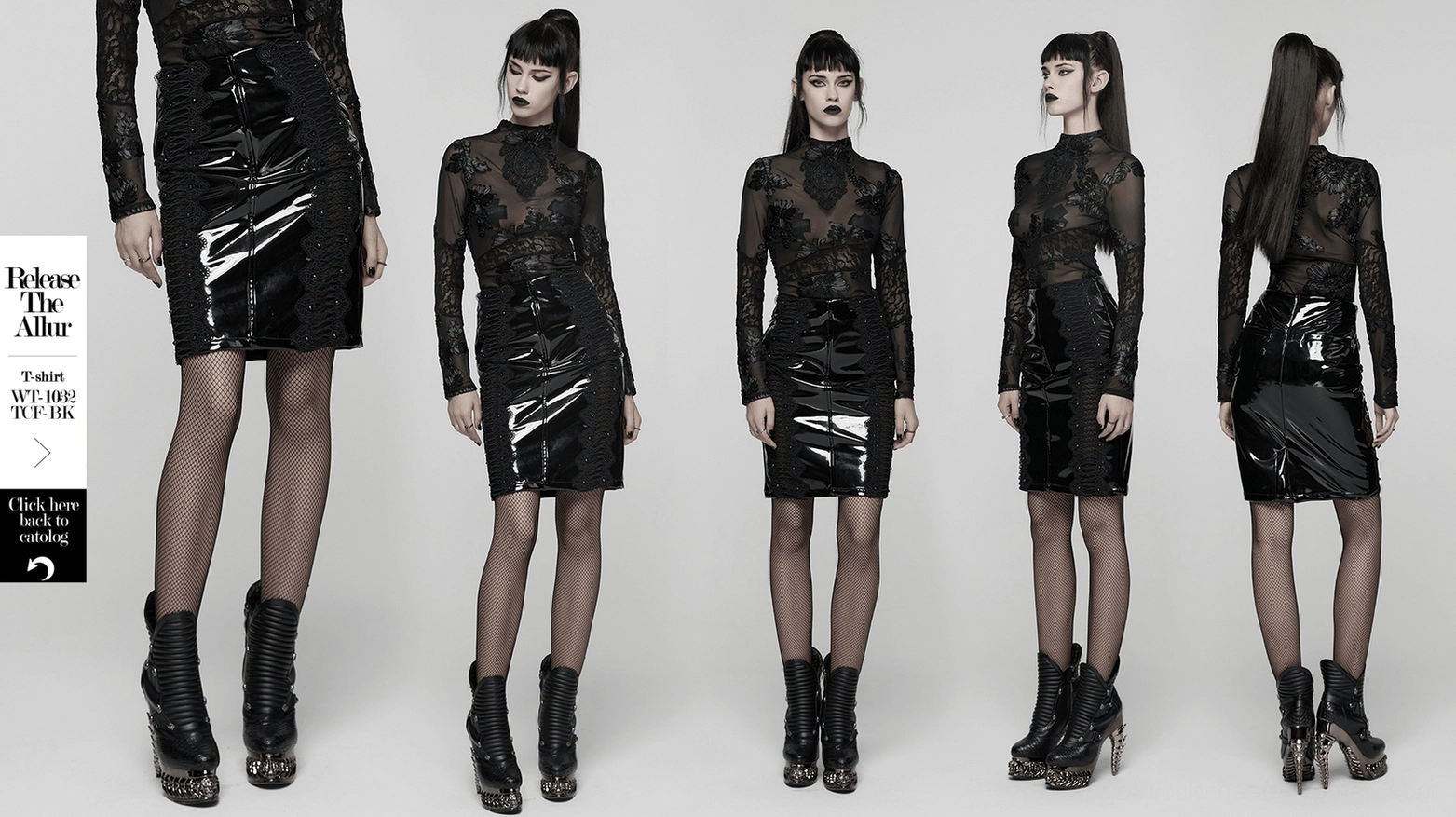Black patent leather gothic skirt side view showing sleek line and lace cutout detail