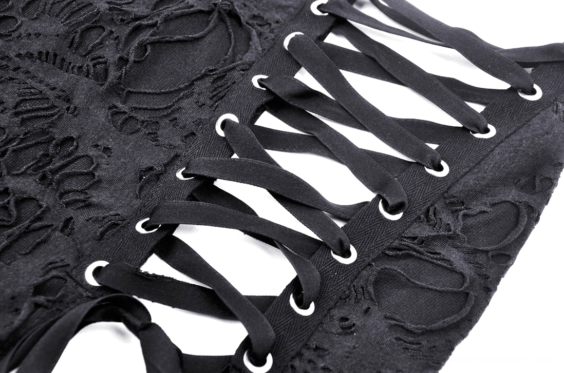 Black gothic skirt close-up detail of side lacing mechanism with silver grommets and woven ornamental straps