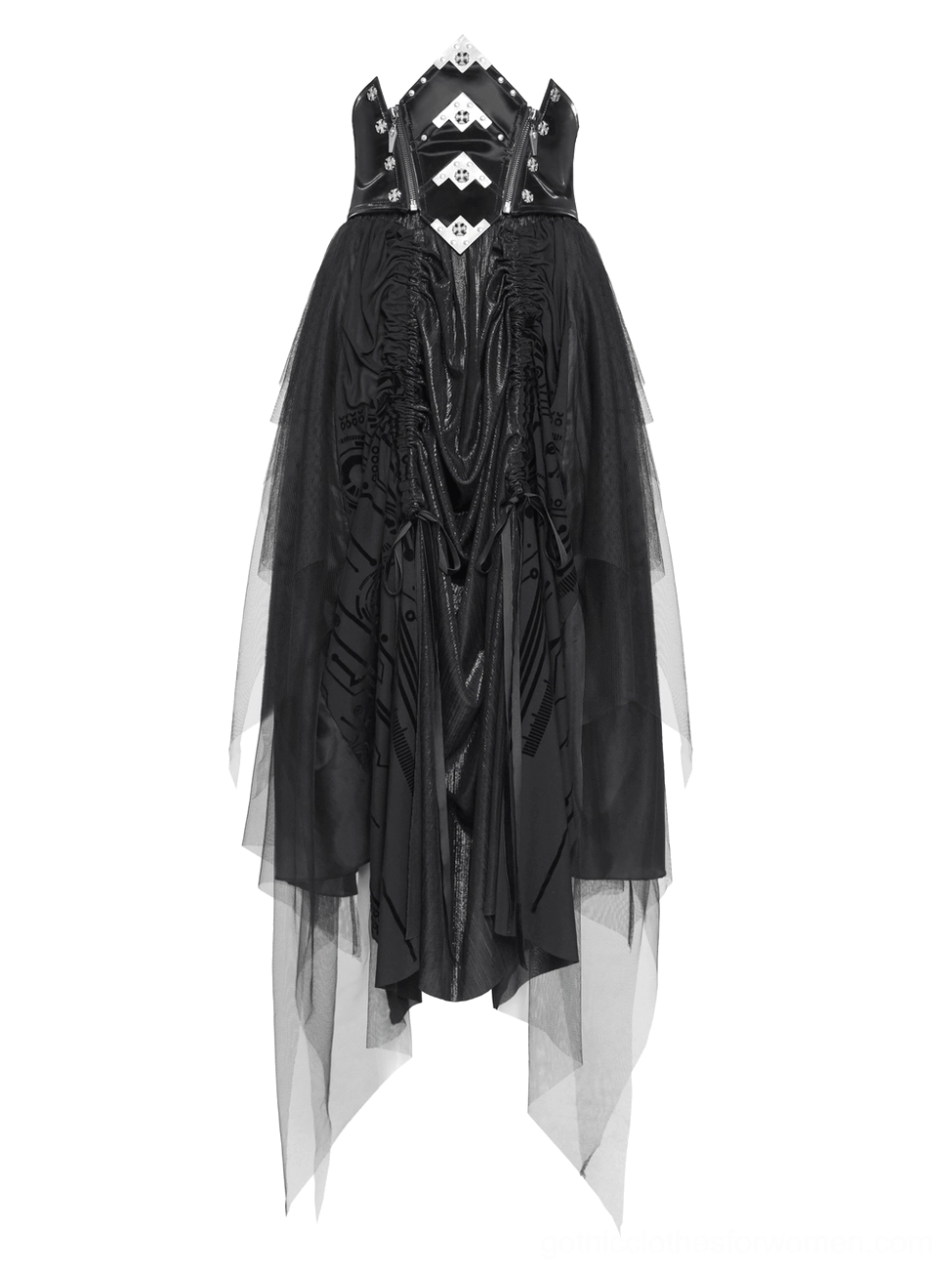 Black gothic corset maxi skirt back view showing skeleton pattern and irregular mesh tulle overlay