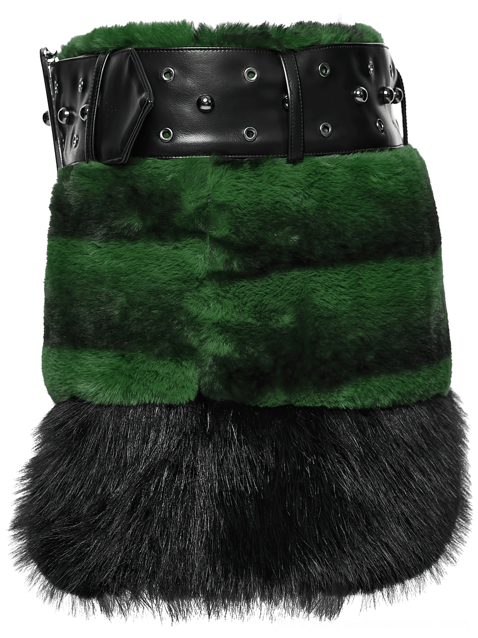 Black and green faux fur gothic mini skirt with studded belt - back flat lay view showing zipper