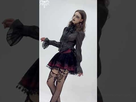 Gothic daily outfit styling with wine red velvet lace-up skirt sheer gothic blouse and fishnet stockings