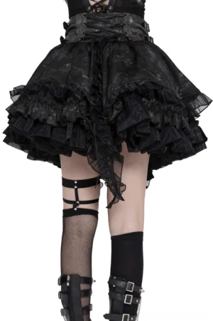 Gothic black mini skirt with leather corset waist and buckle accents worn with fishnet stockings and gothic platform boots, front angle