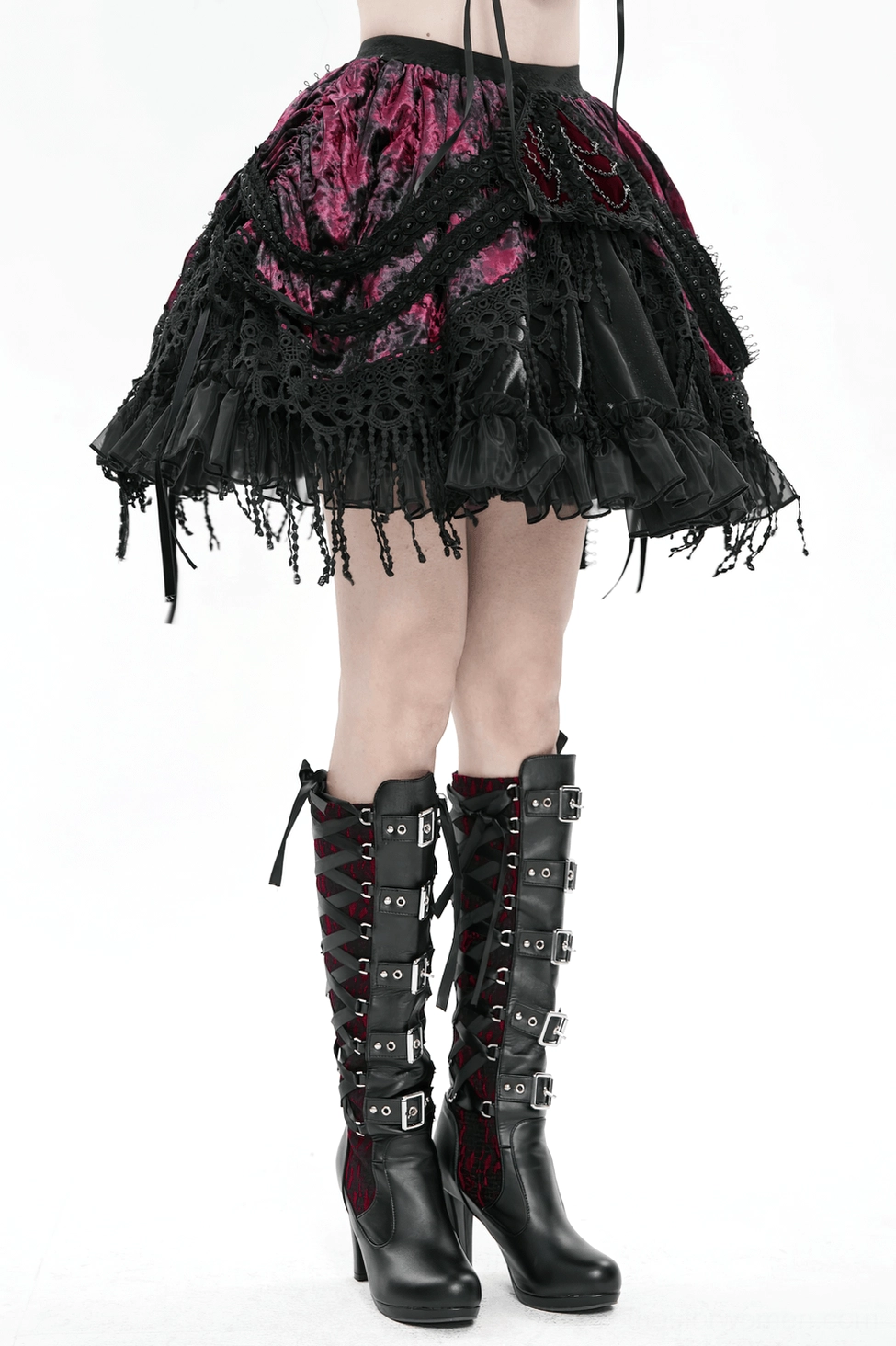 Tiered ruffle construction of gothic velvet skirt showing multiple lace-trimmed layers in motion