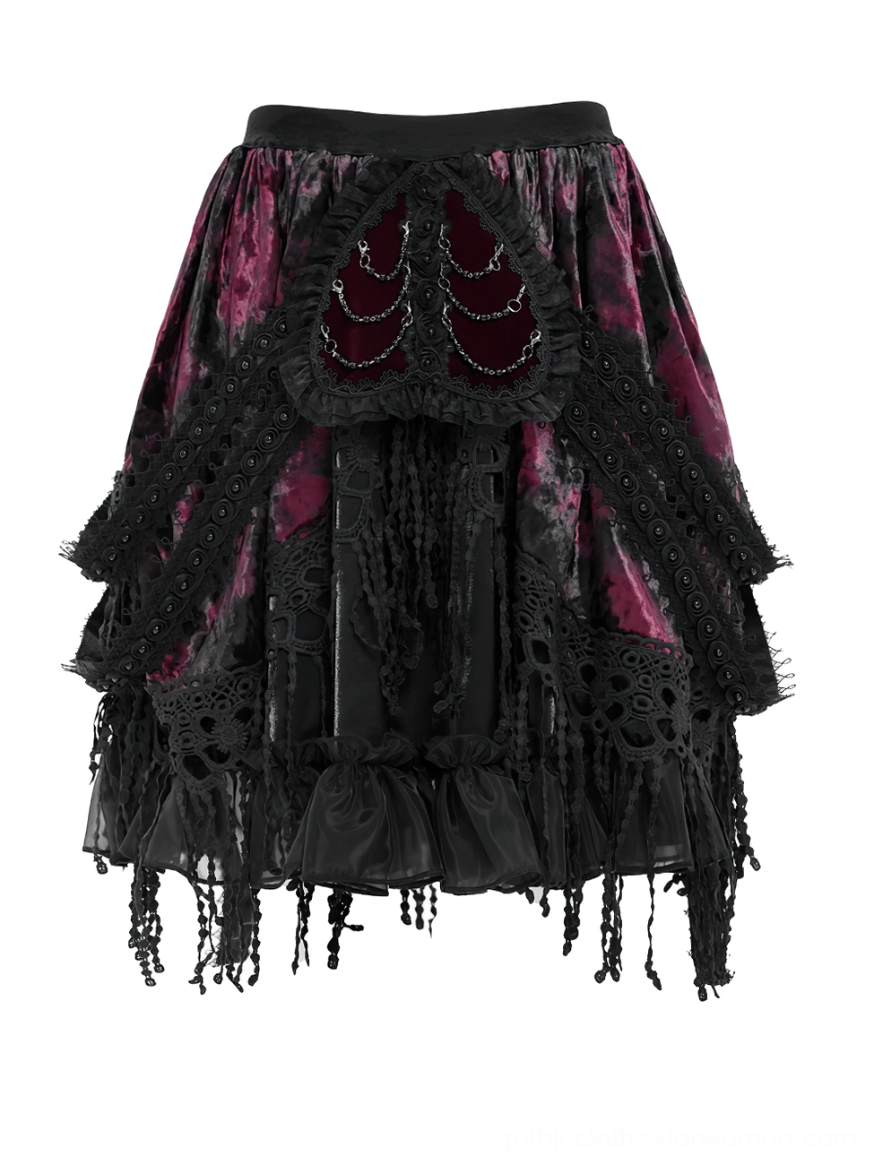 Flat lay top-down view of gothic skirt showing wine red velvet heart applique and tassel hem decoration
