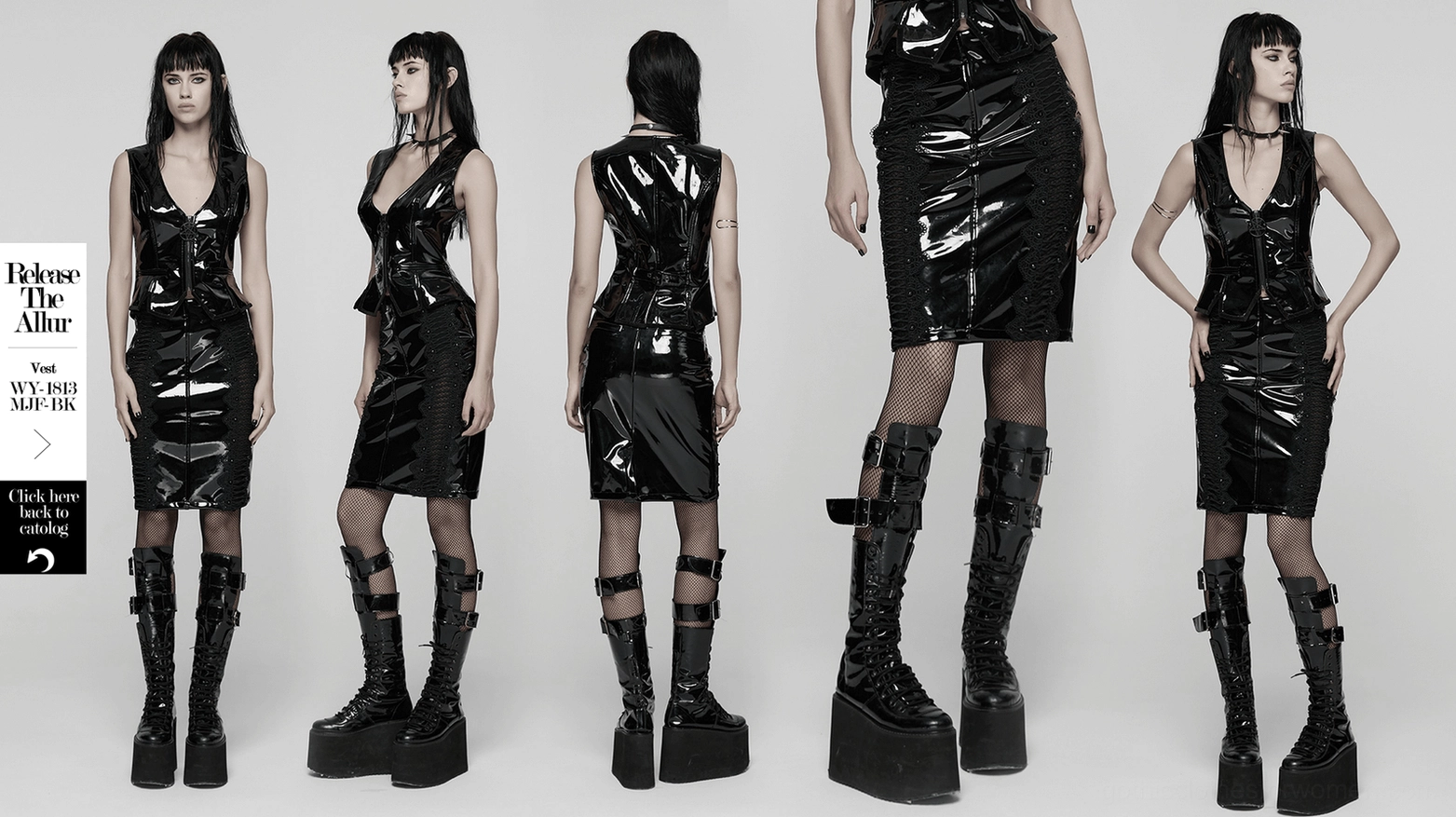 Black gothic patent leather skirt front detail showing V-shaped waistband and mesh lace composition