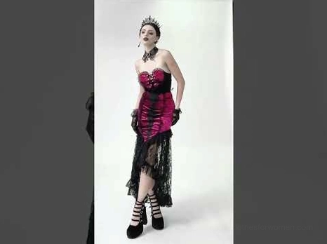 Gothic high-low skirt styled on model with crown and choker accessories showing full vampire aesthetic