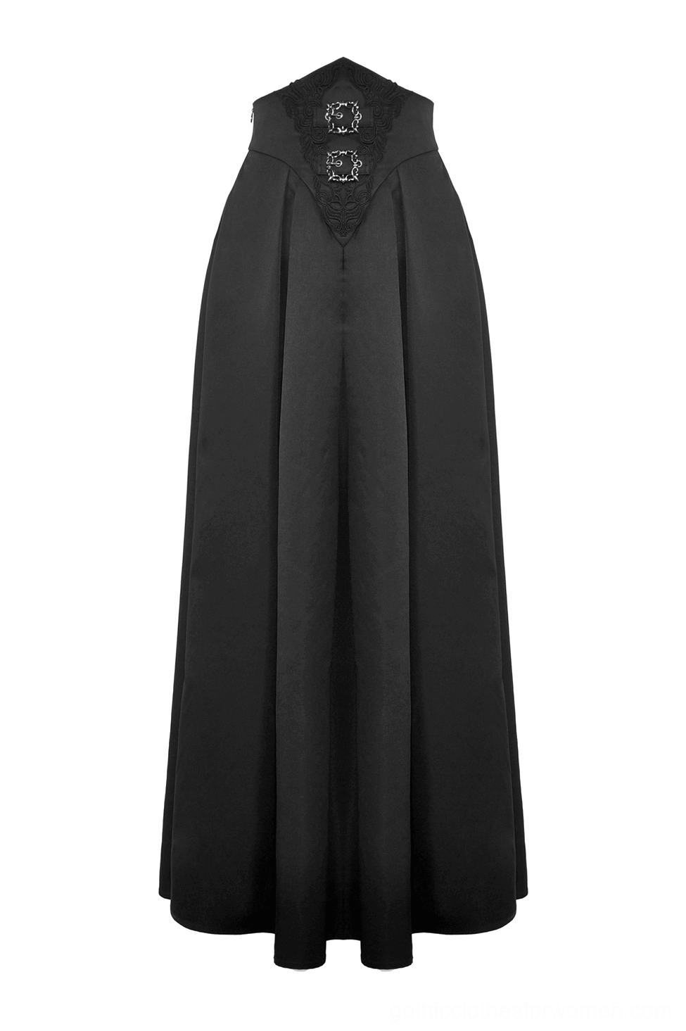 Flat lay of black gothic A-line skirt showing lace-trimmed corset waistband with ornate silver buckles and eyelets