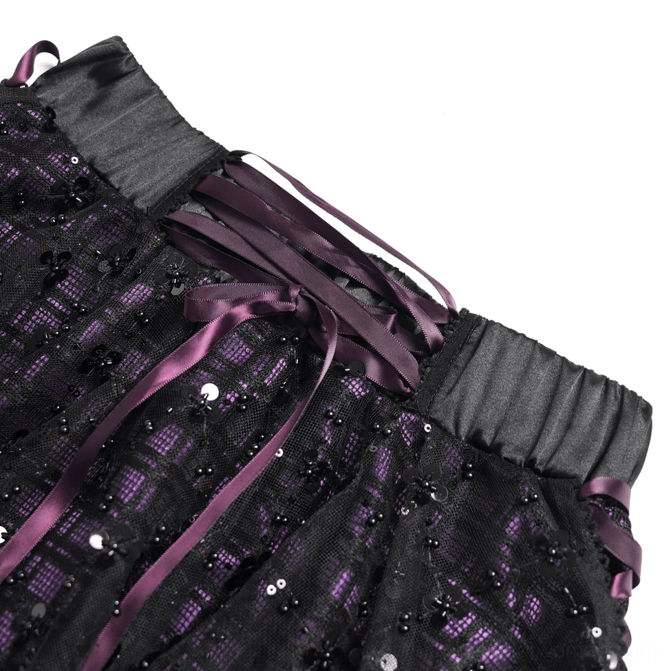 Top-down close-up of gothic skirt waist showing purple satin lace-up construction with elastic waistband for fitted corset-inspired silhouette
