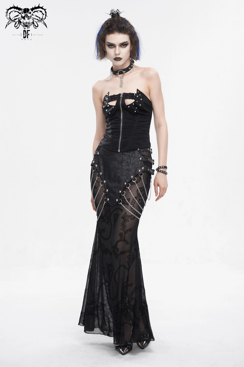 Black gothic fishtail skirt close-up of waist hardware, metal chains, and multi-buckle design elements
