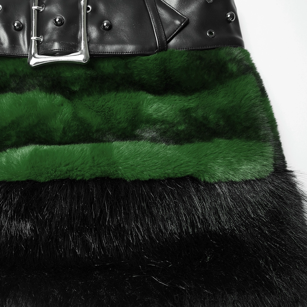 Gothic faux fur mini skirt waist belt and studded PU leather hardware detail