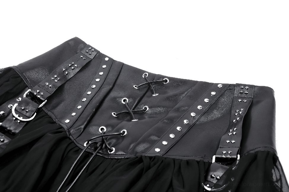 Close-up of waist details on black gothic skirt showing studded PU leather and metal buckle straps