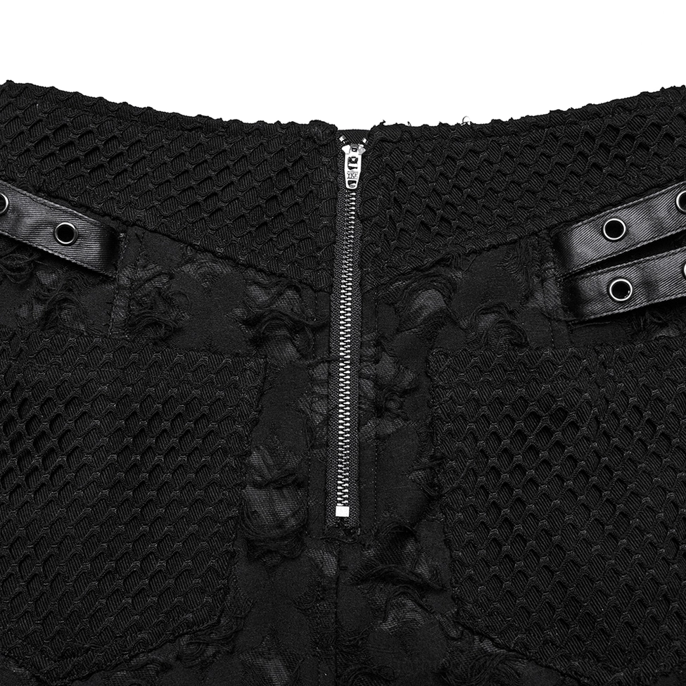Detailed close-up of gothic skirt waist closure featuring silver back zipper and metal grommet straps