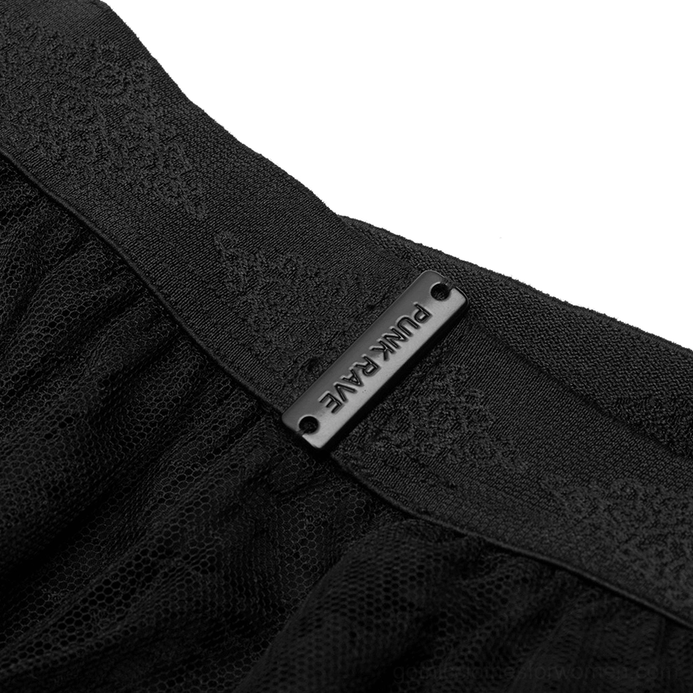 Gothic skirt elastic waistband detail showing embossed brand lettering and waistband construction