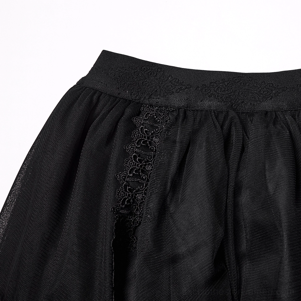 Black gothic skirt waistband close-up showing embroidered lace waist trim and stitched ruffled tulle panels with removable steel structure