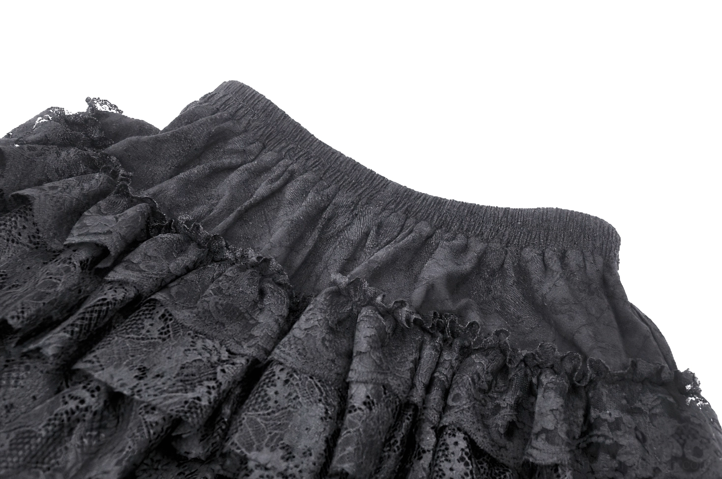 Black gothic mini skirt waistband close-up - elastic waistband and black lace trim detail