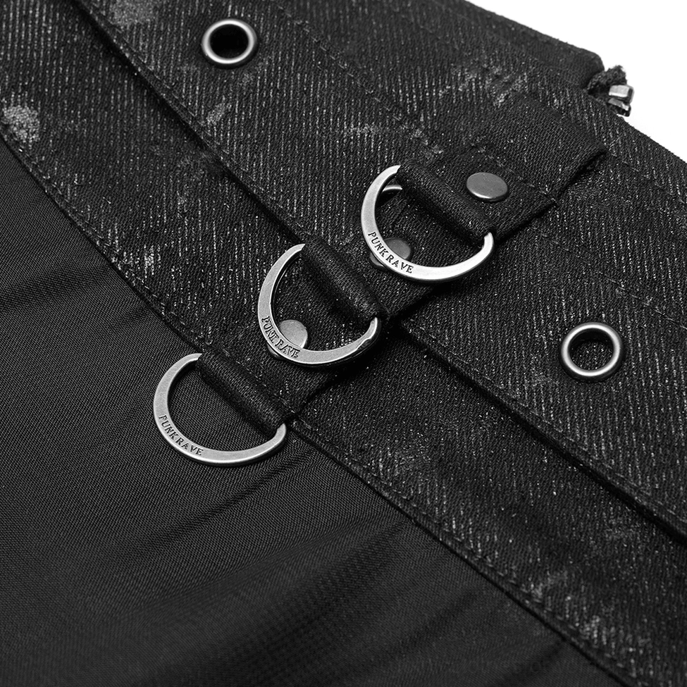 Waistband metal D-rings and eyelet fasteners detail on gothic split skirt