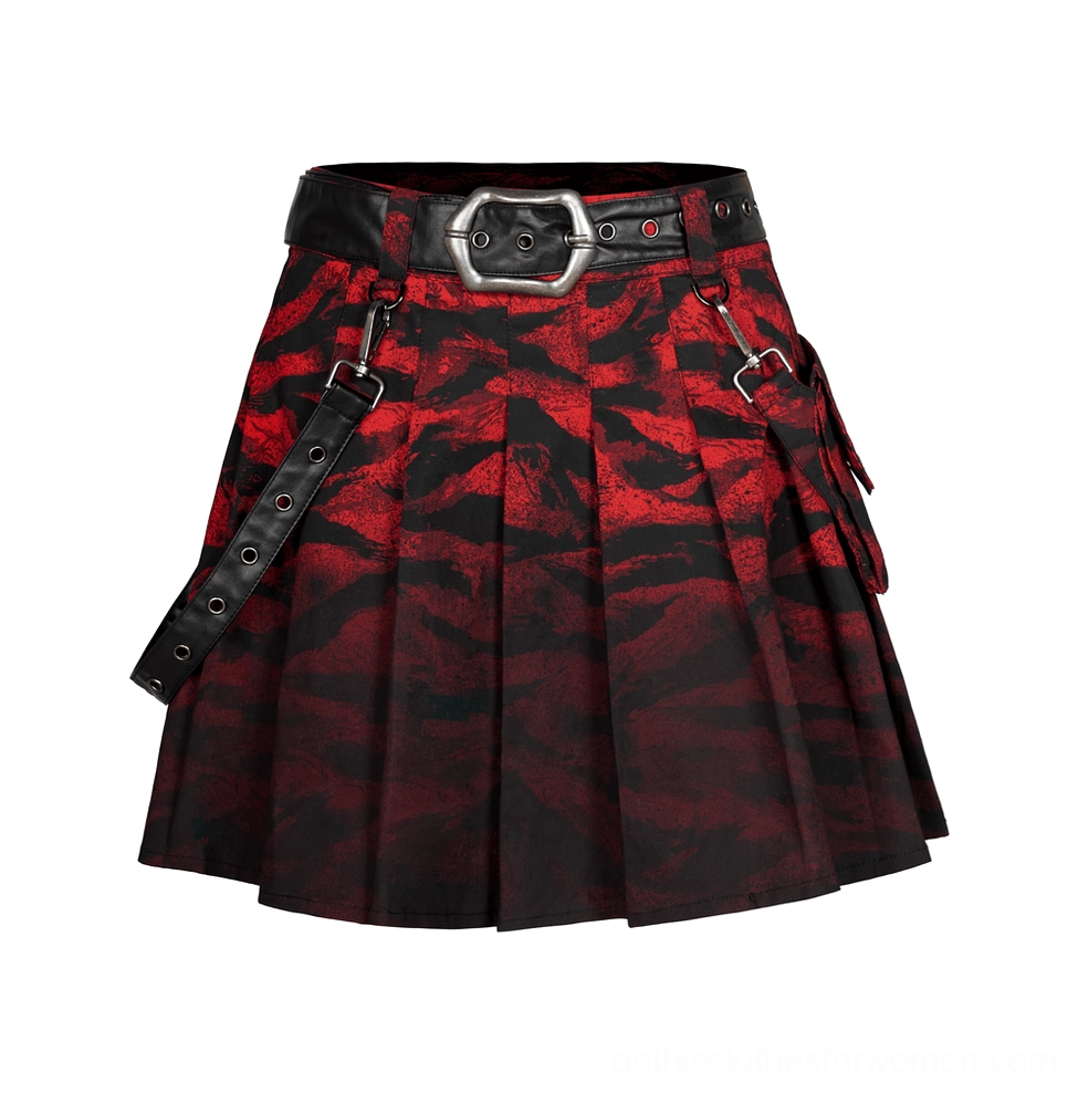 Flat lay back view showing gothic skirt leather waistband with heavy metal buckle, adjustable side straps, and compact pocket design