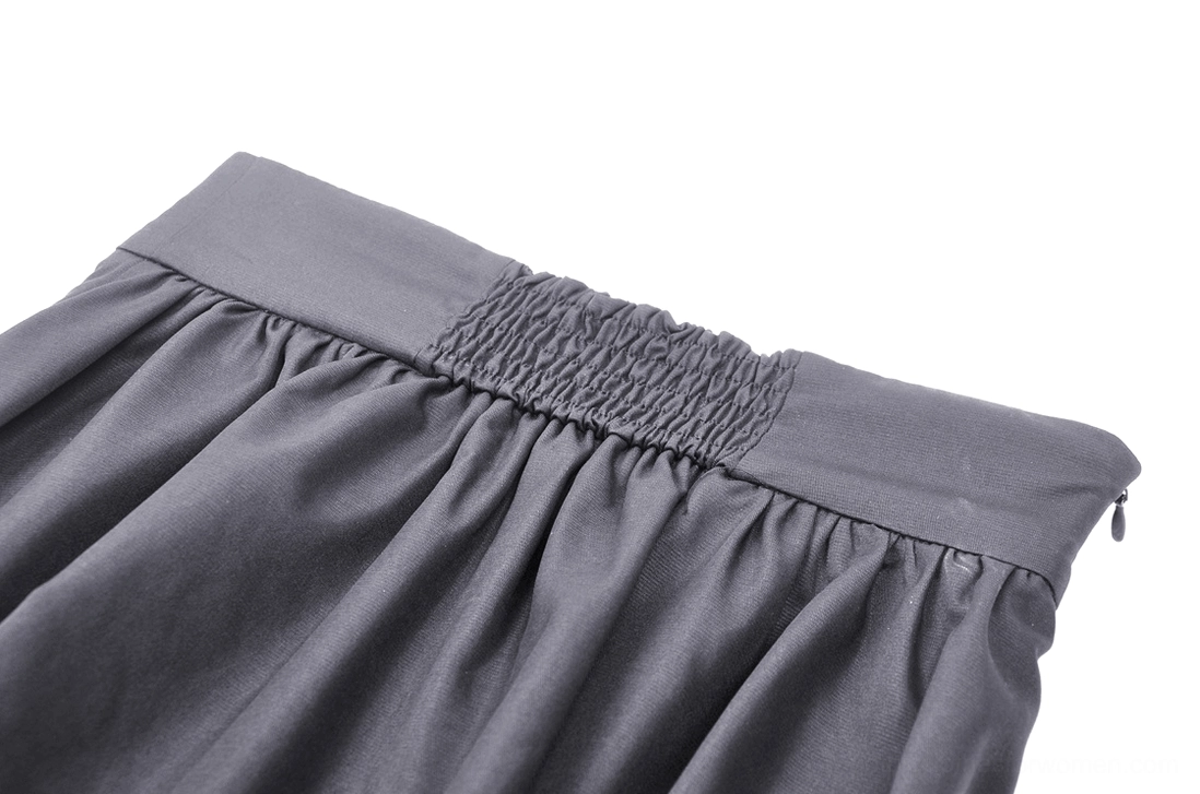 Side close-up view of gothic skirt waistband showing smocked elastic and gathered fabric construction