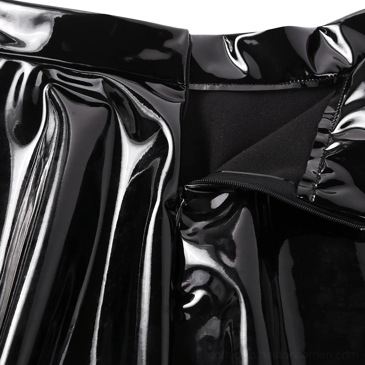 Black mini skirt waist and zipper close-up detail, exposed back zipper closure with matte inner lining