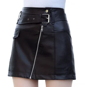 Black A-line leather mini skirt close-up detail showing diagonal metal zipper and functional front pocket