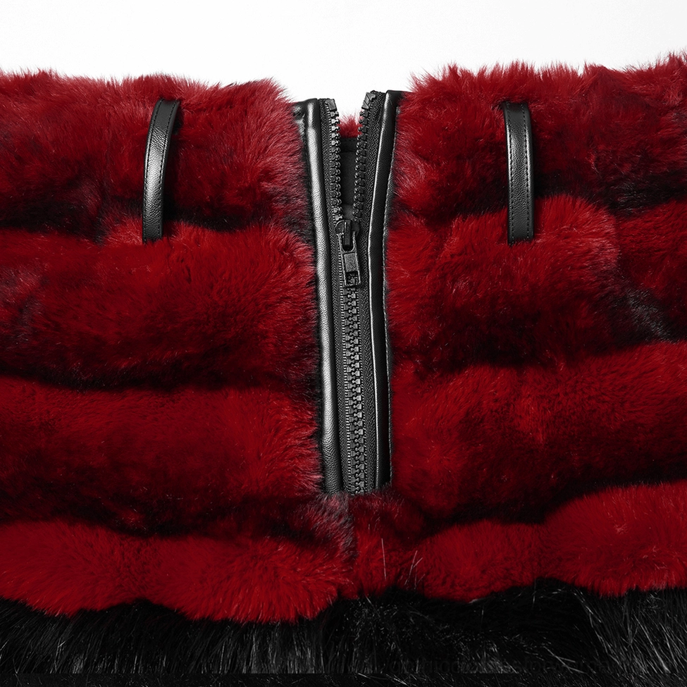 Close-up detail of front zipper and red striped faux fur fabric with leather waistband accents