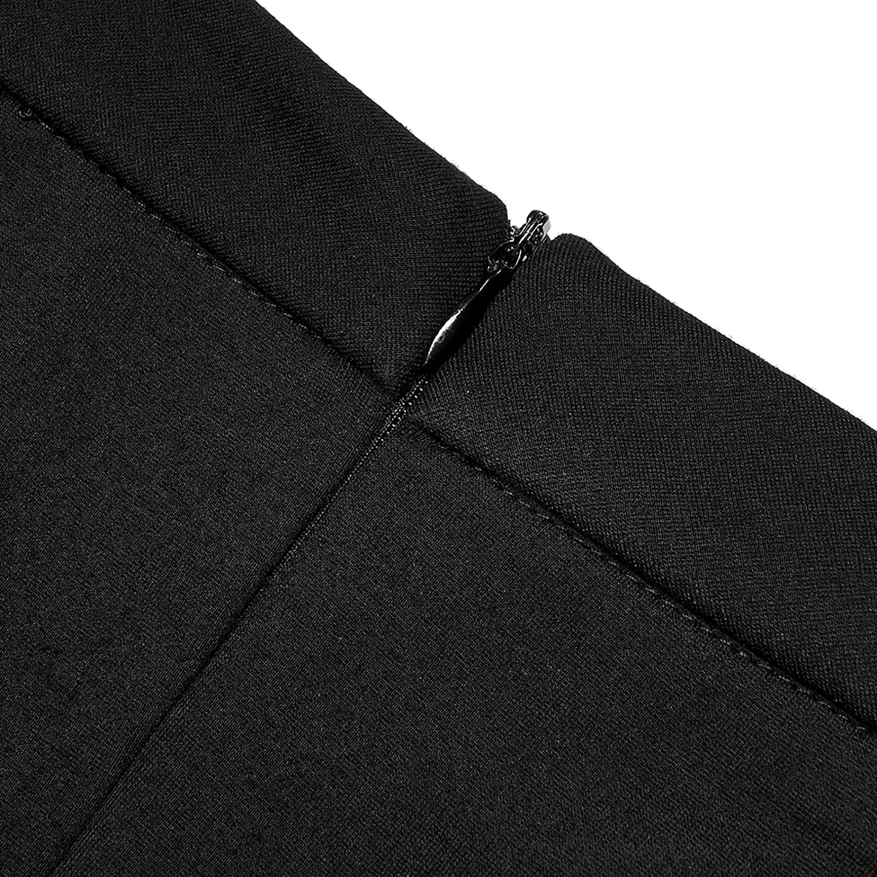 Close-up of hidden zipper seam and tightly woven black fabric showing precise stitching on gothic skirt