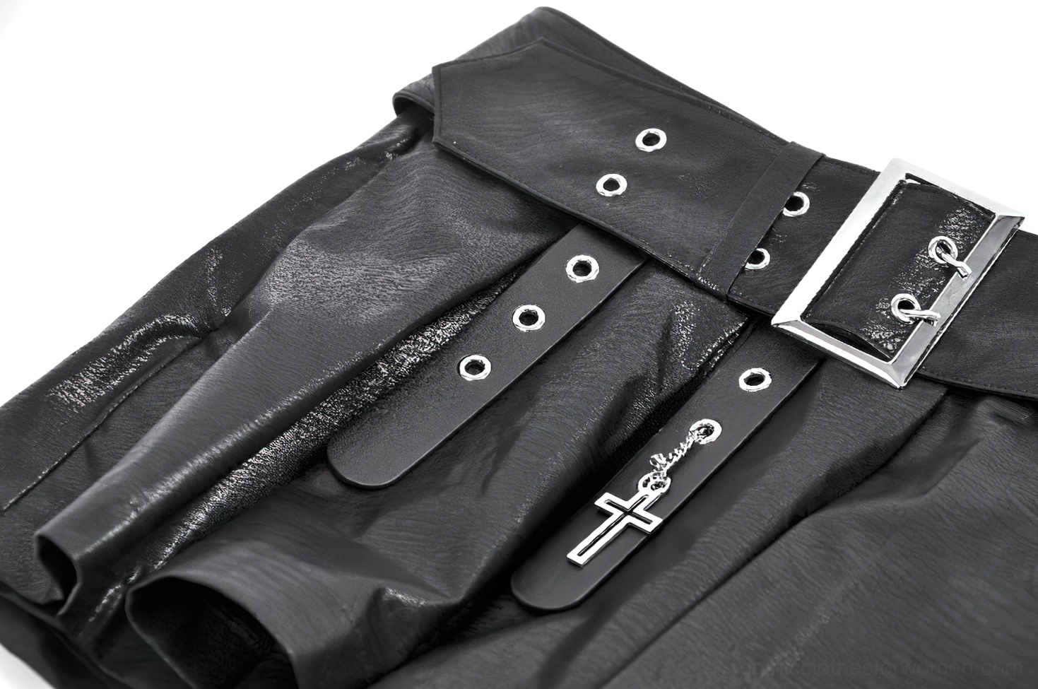 Detailed close-up of gothic skort metal grommet straps, cross charm, and utility pocket hardware