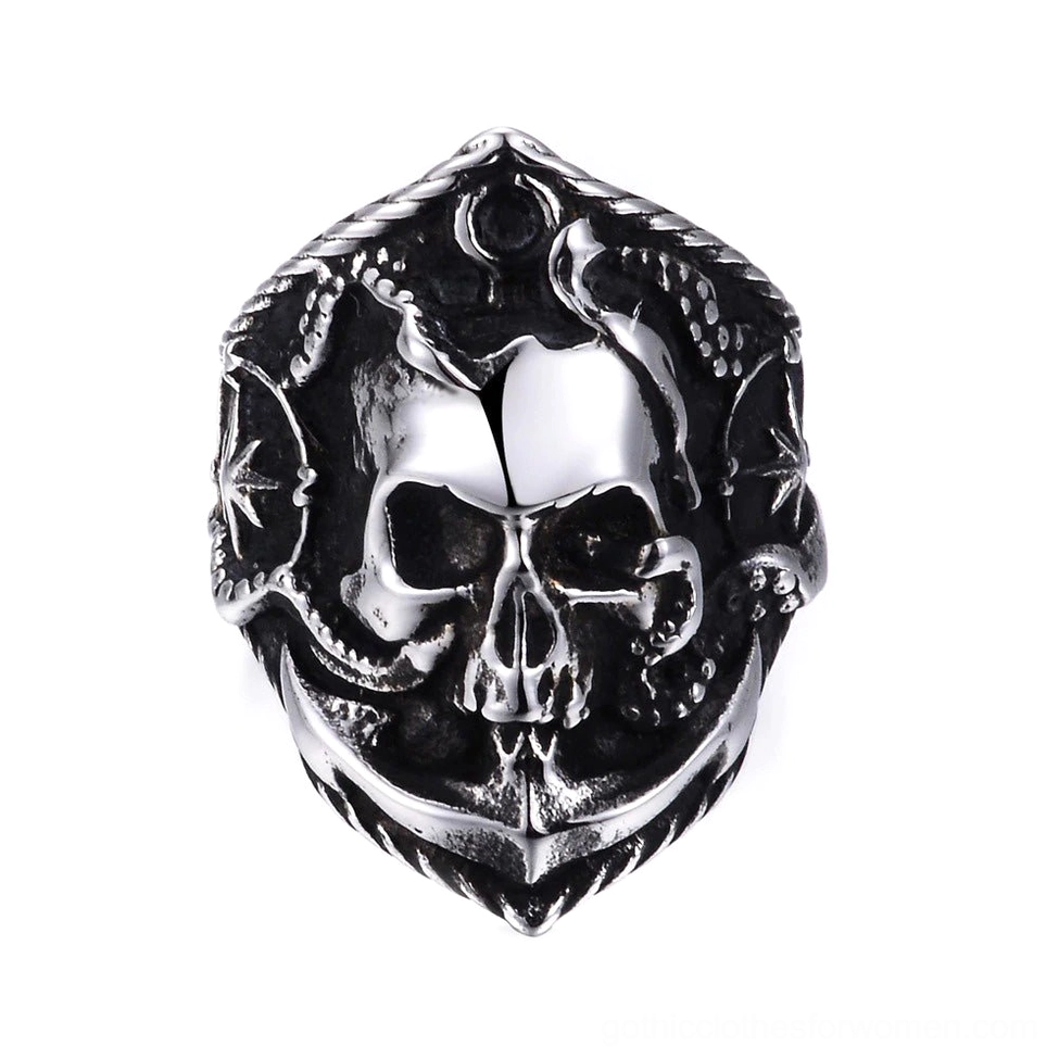 Split skull nautical compass ring featuring oxidized silver metal with octopus tentacles, anchor motif and rope trim border
