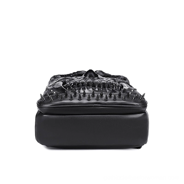 Collection of gothic skull backpacks in black, gold, and silver finishes showcasing color variations and embossed designs