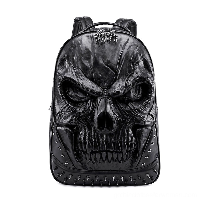Black 3D skull backpack with top metal charm and spike trims, bold gothic design from three-quarter angle