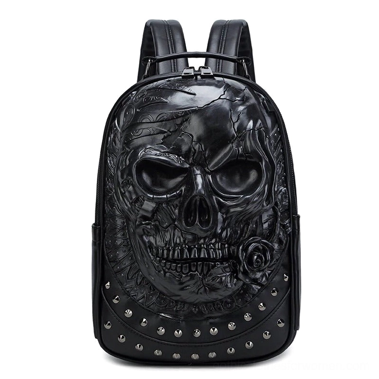 Matte black gothic skull laptop backpack with round rivet studded details, flat front view with intricate skull embossment
