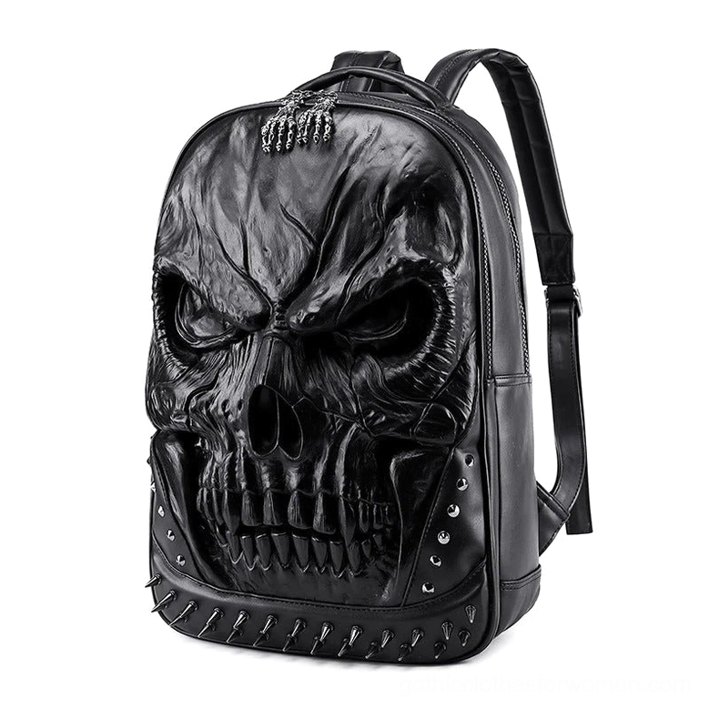 Black 3D embossed skull PU leather backpack with metal spikes and studs, front three-quarter view showcasing gothic design