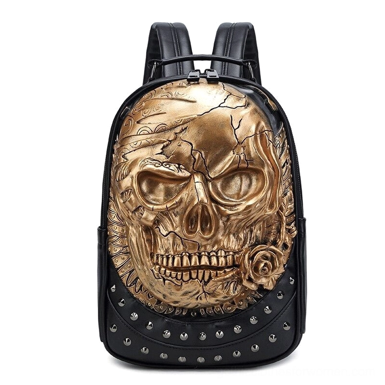 Gold cracked skull gothic PU leather backpack with rose detail and spike trims, luxury alternative backpack design