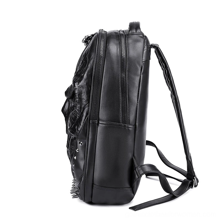 Black PU leather gothic skull backpack side profile showing structure, zippered closure and hidden skull details