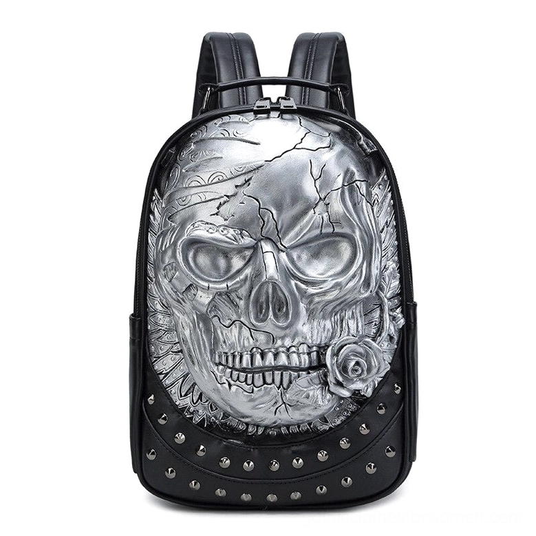 Silver chrome skull gothic backpack with round rivets and ornamental details, silver embossed skull leather pack