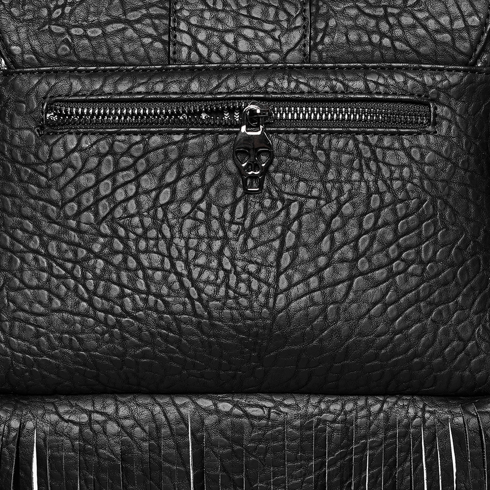 Black gothic handbag rear view displaying pebbled leather, skull-shaped zipper pull, exterior zip pocket