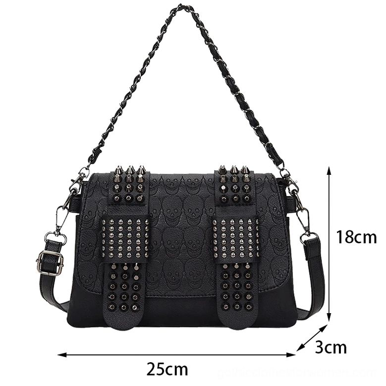 Sized gothic crossbody bag 25cm width 18cm height - embossed skull pattern with metal rivets