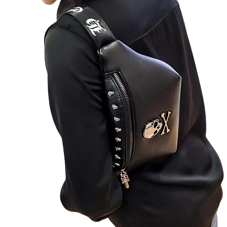 Female model wearing black gothic crossbody waist bag worn diagonally, side and back perspective with skull crossbone detail