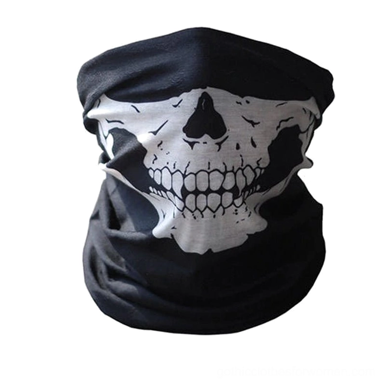 Black skull balaclava flat lay display, white skull motif on rolled seamless tube construction