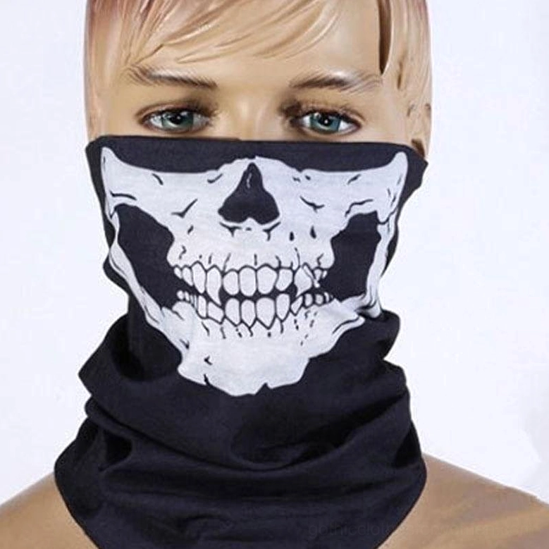 Skull gothic face mask balaclava on rider, motorcycle windproof protection demonstration
